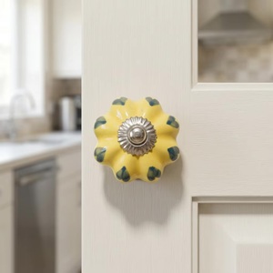 <b>Ceramic</b> Flower <b>Knob</b> Yellow with Blue Accents Farmhouse Style Cabinet Handle for Kitchen Furniture Durable Design - Product Image 3