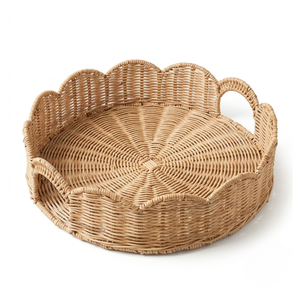 Hot Selling Rattan Serving Tray Circular Scalloped Edge Woven Material Kitchen Fruit Display Organizer For Daily Wholesale - Product Image 1