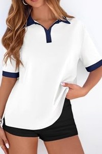 Camiseta Polo Blanca para Mujer con Contraste Azul Marino, Manga Corta, Casual, Largo Regular, Color Sólido, Transpirable, Tela Oxford, ODM - Product Image 5