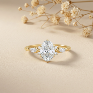 Oval Cut Moissanite Engagement Ring 14K/18K Gold Leaf Side <b>Stones</b> Rhodium Plated Prong & Pave Setting Bridal Wedding Ring - Product Image 1