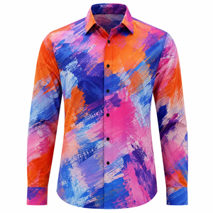 Camisa Casual de Manga Larga para Hombre, Cuello Camisero, Estampado por Sublimación, Popelina de Poliéster, Diseño Pintado a Mano, Estilo Veraniego - Product Image 1