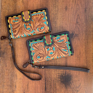 รูปแบบตะวันตกมือเครื่องมือแกะสลักกระเป๋าสตางค์คลัทช์เคสโทรศัพท์มีสไตล์หลายใช้หนังกระเป๋าสตางค์มาใหม่สําหรับผู้หญิง - Product Image 3