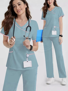 Conjunto de uniforme médico para mujer, cuello en V, color negro, con ribete rosa, tejido de algodón y poliéster, incluye pantalones. - Product Image 5