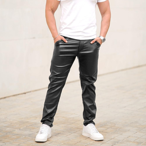 Men's Leather Pants Casual Fashion <b>Trousers</b> Slim Fit Streetwear Bottoms Durable PU Leather Material Comfortable Fit - Product Image 3