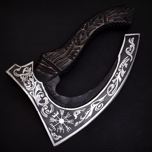 Hacha Tomahawk Hecha a Mano, Acero con Alto Contenido de Carbono, Grabado Floral con Runas Vikingas, Mango de Madera, Funda de Cuero, Herramienta de Supervivencia para Cortar Pizza, OEM - Product Image 3