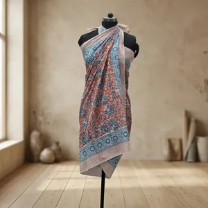 Hand Block Printed Floral Cotton Fabric with Blue <b>Red</b> Botanical Pattern and Decorative Border for <b>Saree</b> Kurti Dressmaking - Product Image 2