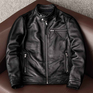 Men's <b>Black</b> Genuine Leather Moto <b>Jacket</b> Stand Collar Zipper Closure Regular Fit Solid Color Autumn Wear - Product Image 5