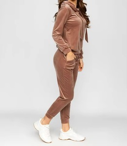 เสื้อฮู้ดครอปซิปแบบกำหนดเอง ปักโลโก้ เสื้อสเวตเชิ้ตกำมะหยี่ และกางเกงวอร์มขายาวผ้ากำมะหยี่ ชุดเซ็ตสองชิ้นสำหรับผู้หญิง - Product Image 3