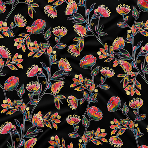 Tissu de rideau de luxe Botanique Noir en crêpe plat rétro peigné et résistant à l'eau, motif Kalamkari Giardino Notturno, qualité supérieure, couleur Minuit - Product Image 2