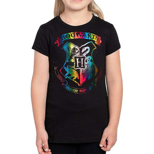 T-shirt noir à manches courtes et col rond pour femme, motif tie-dye arc-en-ciel, style Hogwarts, 100 % polyester, avec logo - Product Image 3