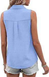 Camiseta sin Mangas de Gasa Azul para Mujer, con Botones al Frente, Cuello Camisero, Estilo Casual - Product Image 3
