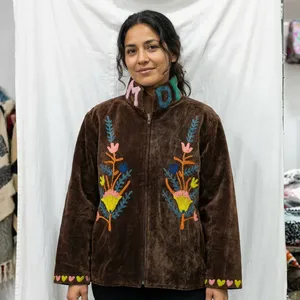 Rajasthani Textile Sujani Eco-Friendly Floral Ladies' Reversible Velvet Cotton Short Woven <b>Thick</b> <b>Quilted</b> Bomber Jacket Hand - Product Image 2