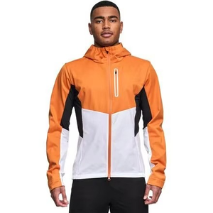 Veste de sport coupe-vent à capuche pour homme, orange, blanc, noir, color block, fermeture éclair sur le devant, coupe classique, vêtements d'extérieur pour l'automne - Product Image 1