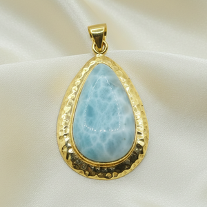 Natural Larimar Gemstone 925 Sterling Silver Handmade Hammered Design Teardrop Pendant <b>Boho</b> Statement Jewelry Gift For Women her - Product Image 4