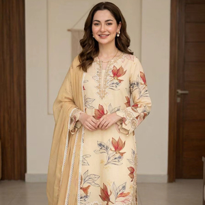 Ensemble Kurti et Palazzo en mousseline imprimée avec dentelle brodée et dupatta en georgette – Tenue ethnique légère pour les fêtes - Product Image 1