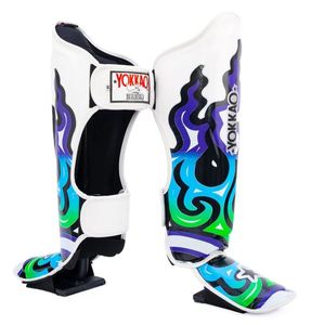 Protège-tibias en cuir Yokkao Muay Thai réglables, motif flamme, bleu, vert, violet, pour entraînement de boxe, MMA, Sanda, toutes saisons - Product Image 4