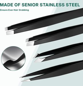 Ensemble de pinces à sourcils courbées en acier inoxydable sans soudure, étui en PU, pointes inclinées et pointues, pinces de précision durables pour une épilation classique - Product Image 6