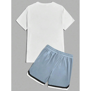 Ensemble décontracté d'été pour homme : T-shirt blanc en coton respirant imprimé et short bleu clair, col rond, tricoté, couleur unie - Product Image 3