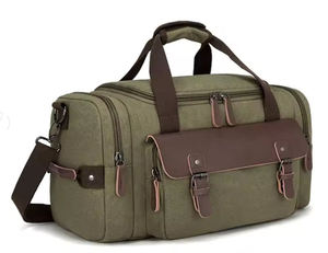 Sac de voyage rétro en toile avec accent en cuir, poche à rabat et plusieurs compartiments, sac de week-end - Product Image 2