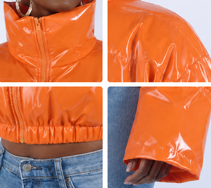 Orange Quilted Puffer Jacket Women Short Thick Pillow Collar Full Sleeve PU Coated Winter Fashion Coat - Product Image 3