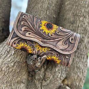 Western Real Hair on Hand Tooled cuero mujer girasol bolso de mano elegante tallado a mano cuero Floral vaquera cartera Combo Set - Product Image 3