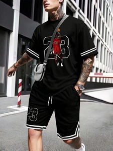 Conjunto de Camiseta y Pantalones Cortos de Verano para Hombre, 100% Algodón, Tejido de Punto, de Secado Rápido, con Estampado por Transferencia de Calor, Estilo Urbano, Personalizado, al por Mayor - Product Image 3