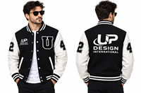 Veste universitaire personnalisée noire et blanche avec manches en cuir, logo brodé, veste de baseball Letterman, streetwear OEM