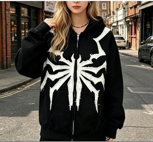 Sudadera Negra con Capucha y Cierre, con Estampado de Araña Blanca, Corte Regular, Unisex, Informal, de Felpa, 100% Algodón, Ecológica, para Otoño - Product Image 4