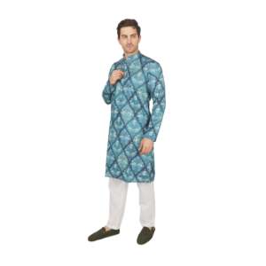 Ensemble Kurta Pajama brodé pour homme - Vêtement ethnique traditionnel en soie Dola bleue avec motif imprimé - Product Image 3