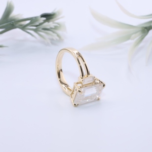 Elegant Luxury Yellow Gold Emerald Cut Lab Grown Diamond Three Stone Women's Engagement <b>Ring</b> Baguette Side Diamonds <b>Split</b> Shank - Product Image 4