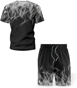 Ensemble t-shirt et short pour homme, imprimé noir fumé, col rond, séchage rapide, vêtements décontractés d'été, impression numérique, polyester tricoté - Product Image 1