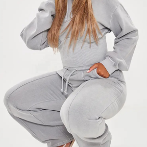 Women's Gray Hooded Crop Top & Matching <b>Sweatpants</b> <b>Set</b> Full Sleeve Loose Fit Casual Two Piece Tracksuit Solid Color Fleece <b>Set</b> - Product Image 4