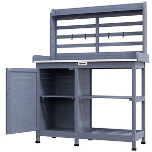 Banco da Giardinaggio in Legno Grigio con Piano in Alluminio per Uso Esterno, Porta Attrezzi e Piante da Giardino - Product Image 1