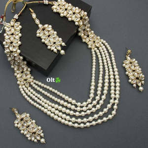 Conjunto de collar de perlas y piedra Kundan chapado en oro real, joyería india tradicional para bodas y ocasiones festivas - Product Image 1