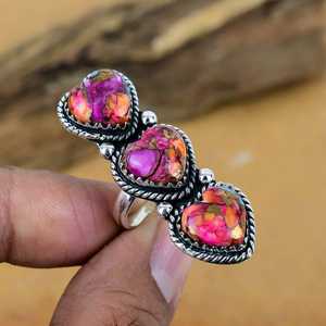 Anillo de Corazón de Plata de Ley 925 Hecho a Mano al por Mayor con Tres Piedras de Cobre Rosa y Turquesa, Joyería de Gema Opaca de Alta Calidad - Product Image 1