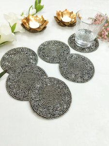 Handmade Modern Engraved Customizable Pewter <b>Silver</b> Beaded <b>Coasters</b>-Set of 6 - Product Image 4