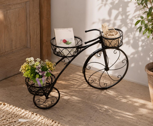 Support à plantes en fer forgé à 3 niveaux, porte-pot de fleurs en forme de tricycle, support décoratif en métal pour plantes d'intérieur et d'extérieur, jardin, patio - Product Image 1