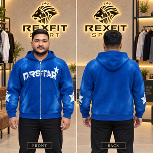 Sweat à capuche zippé bleu personnalisé pour homme, en molleton épais, coupe oversize, style streetwear, imprimé étoiles, veste décontractée d'hiver - Product Image 3