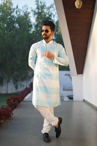 Ensemble Kurta Pyjama Homme en Coton PC Lourd Brodé Imprimé Effet Ombré Tenue Traditionnelle Ethnique Élégante pour Mariage et Fêtes - Product Image 6