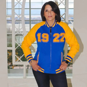 Chaqueta Varsity SGRho 1922 Azul Real con Forro Polar Dorado, Estilo Letterman, Cierre de Botones a Presión, Cálida, para Universidad, Hermandad, Béisbol, Casual, Moda - Product Image 2