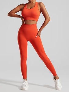 Seamless Two Piece Gym Outfit Criss Cross <b>Open</b> Back Support <b>Bra</b> with Tummy Control Ribbed Waist Athletic Tights Yoga Suit - Product Image 5