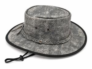 Chapeau de cowboy en cuir gris délavé, style western vintage vieilli, avec bande tressée et sangle de menton, pour l'extérieur et le ranch - Product Image 1