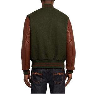 Veste varsity en laine pour homme Avirrex, vert Avirrex avec manches en cuir marron, col rabattu, simple boutonnage, vêtement décontracté pour l'automne - Product Image 6