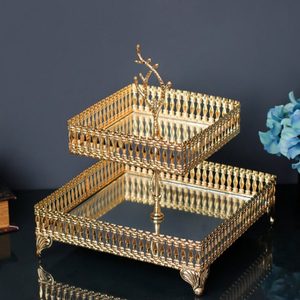 Aluminum Handle Decorative Dessert Display Tower For Birthday Parties 2-Tier Mango Wood <b>Cake</b> <b>Stand</b> With Elegant Silver Floral - Product Image 4