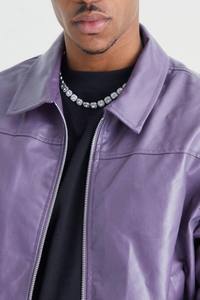 URBANGAZER Men's 100% Polyester Leather Jacket Stand Collar <b>Covered</b> <b>Button</b> Patchwork Design Windproof Breathable Thick - Product Image 3