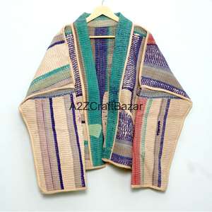 Veste tricotée réversible en coton 100% faite à la main, multicolores, écologique, design Kantha vintage - Product Image 6