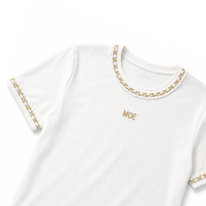 Classic Short Sleeve Cut Structured Braided Trim Top Custom Logo Regular Fit Cotton Shirt Crew Neck Solid Summer women's shirt - Product Image 4