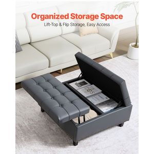 Pouf in Pelle Trapuntata con Contenitore, Tavolino da Caffè Quadrato 31 Pollici, Design con Coperchio Ribaltabile in Pelle PU - Product Image 4