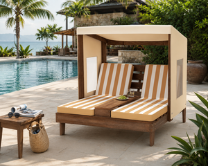 Cama Doble de Madera de Teca Sólida de Lujo para Exteriores con Toldo y Respaldo Ajustable, para Resort, Villa, Patio, Piscina - Product Image 1