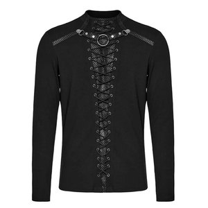 High Demanding Black Gothic Punk Mesh Splicing Long Sleeve Stand-Up Collar Dark T-<b>Shirt</b> Men Top Factory Supplies - Product Image 1